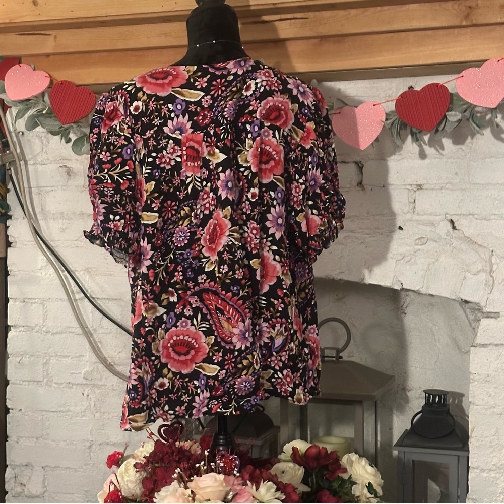 Cynthia Rowley Womens 2X Stretch Black Floral Tunic V-Neck 3/4 Sleeve Blouse Top - Picture 2 of 12